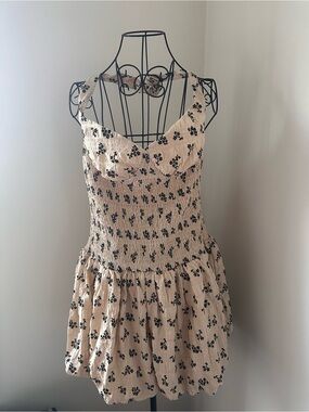 Catalina Beige Floral Smocked Mini Dress with Black Print